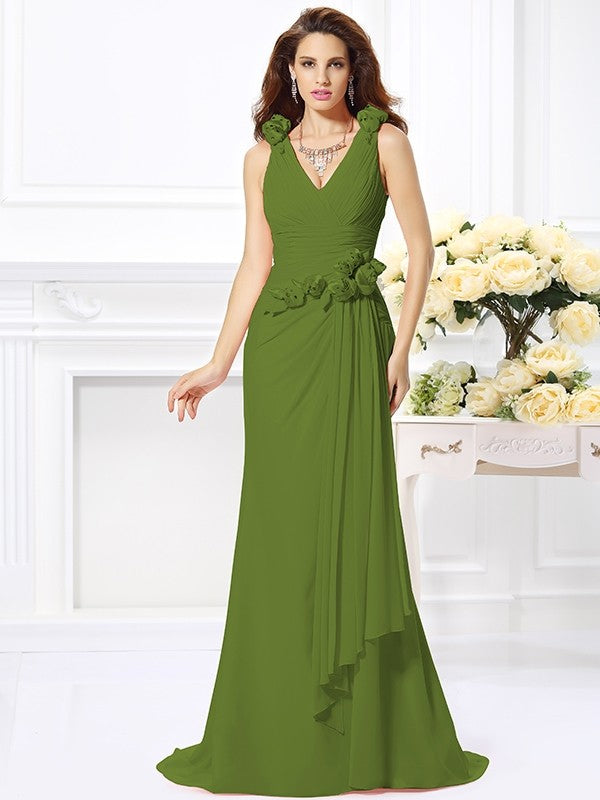 Mermaid Gorgeous V-neck Hand-Made Flower Sleeveless Long Chiffon Bridesmaid Dresses