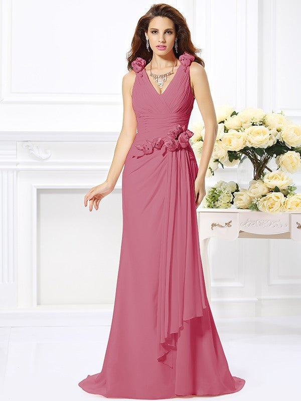 Mermaid Gorgeous V-neck Hand-Made Flower Sleeveless Long Chiffon Bridesmaid Dresses