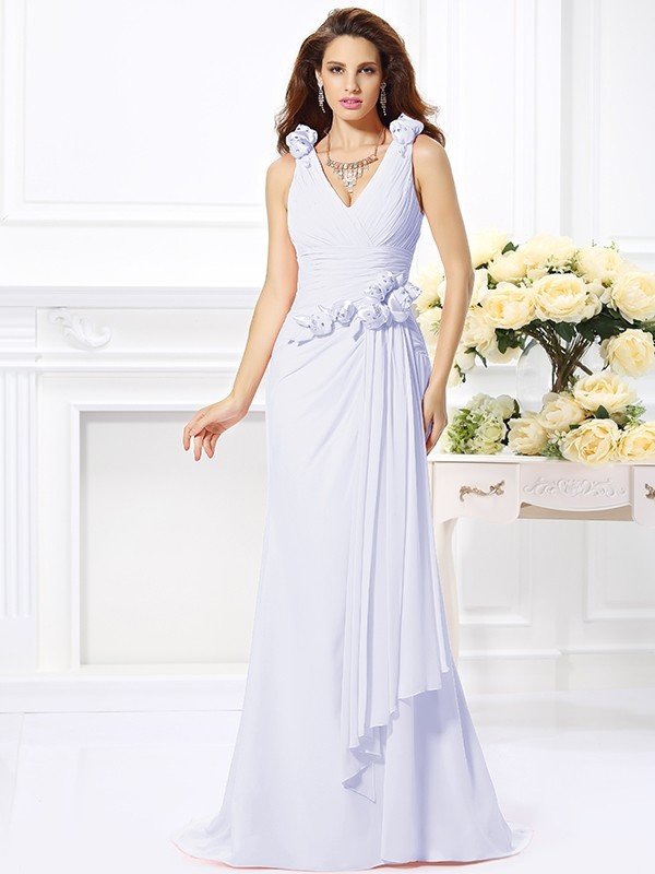 Mermaid Gorgeous V-neck Hand-Made Flower Sleeveless Long Chiffon Bridesmaid Dresses