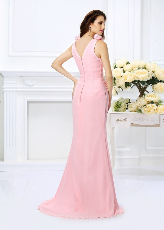 Mermaid Gorgeous V-neck Hand-Made Flower Sleeveless Long Chiffon Bridesmaid Dresses