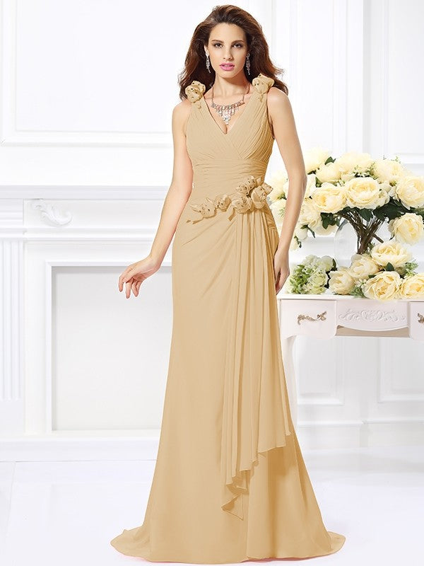 Mermaid Gorgeous V-neck Hand-Made Flower Sleeveless Long Chiffon Bridesmaid Dresses