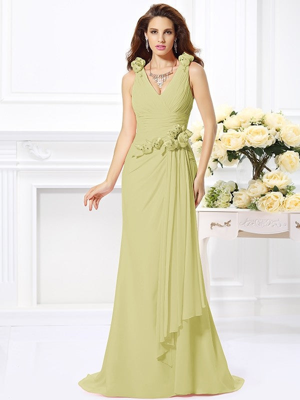 Mermaid Gorgeous V-neck Hand-Made Flower Sleeveless Long Chiffon Bridesmaid Dresses