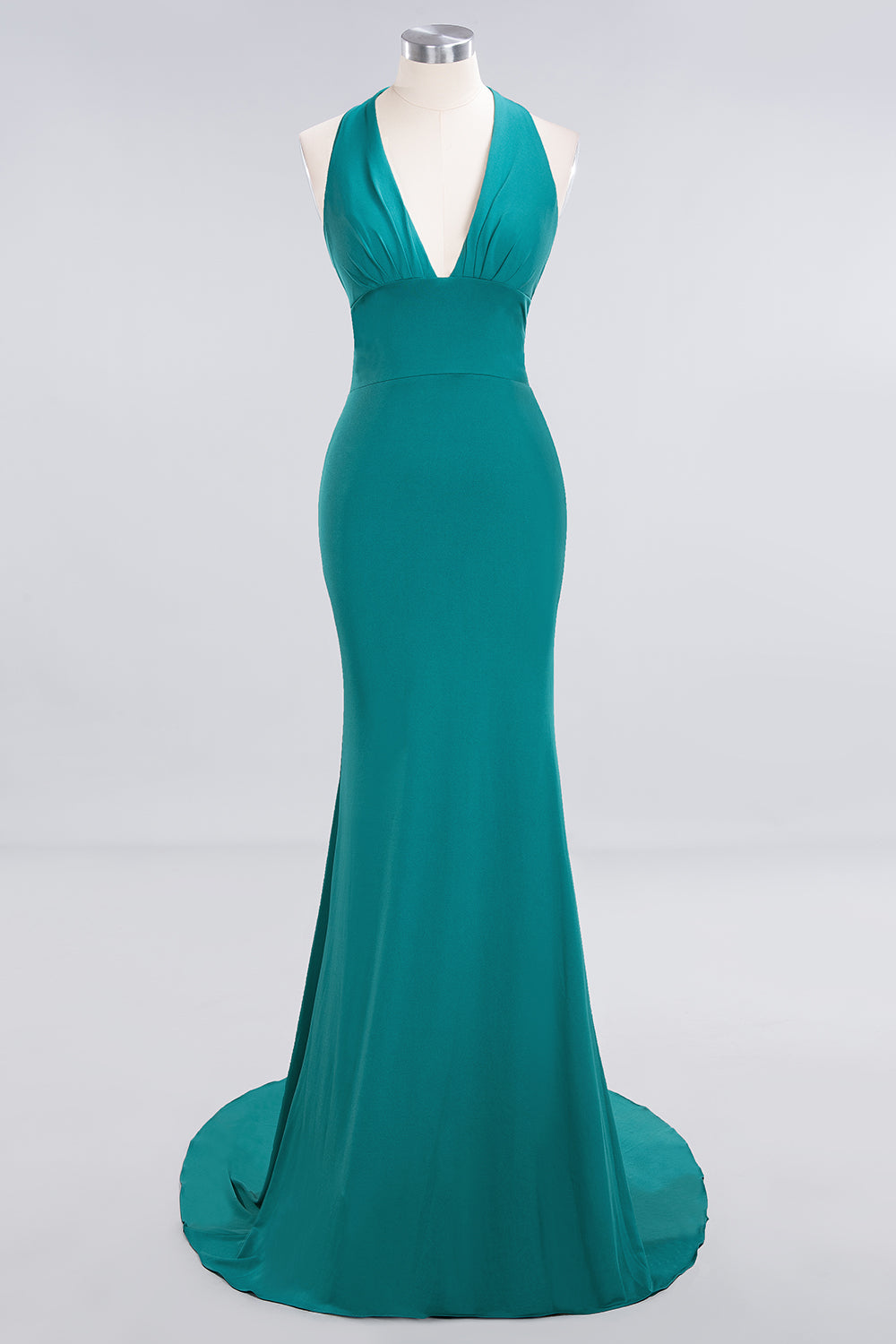 Mermaid Halter V-Neck Dark Green Chiffon Bridesmaid Dresses with Open Back