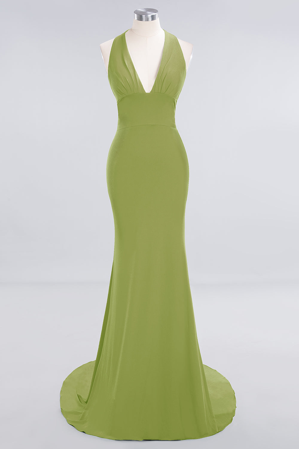 Mermaid Halter V-Neck Dark Green Chiffon Bridesmaid Dresses with Open Back