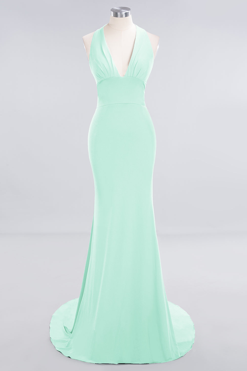 Mermaid Halter V-Neck Dark Green Chiffon Bridesmaid Dresses with Open Back