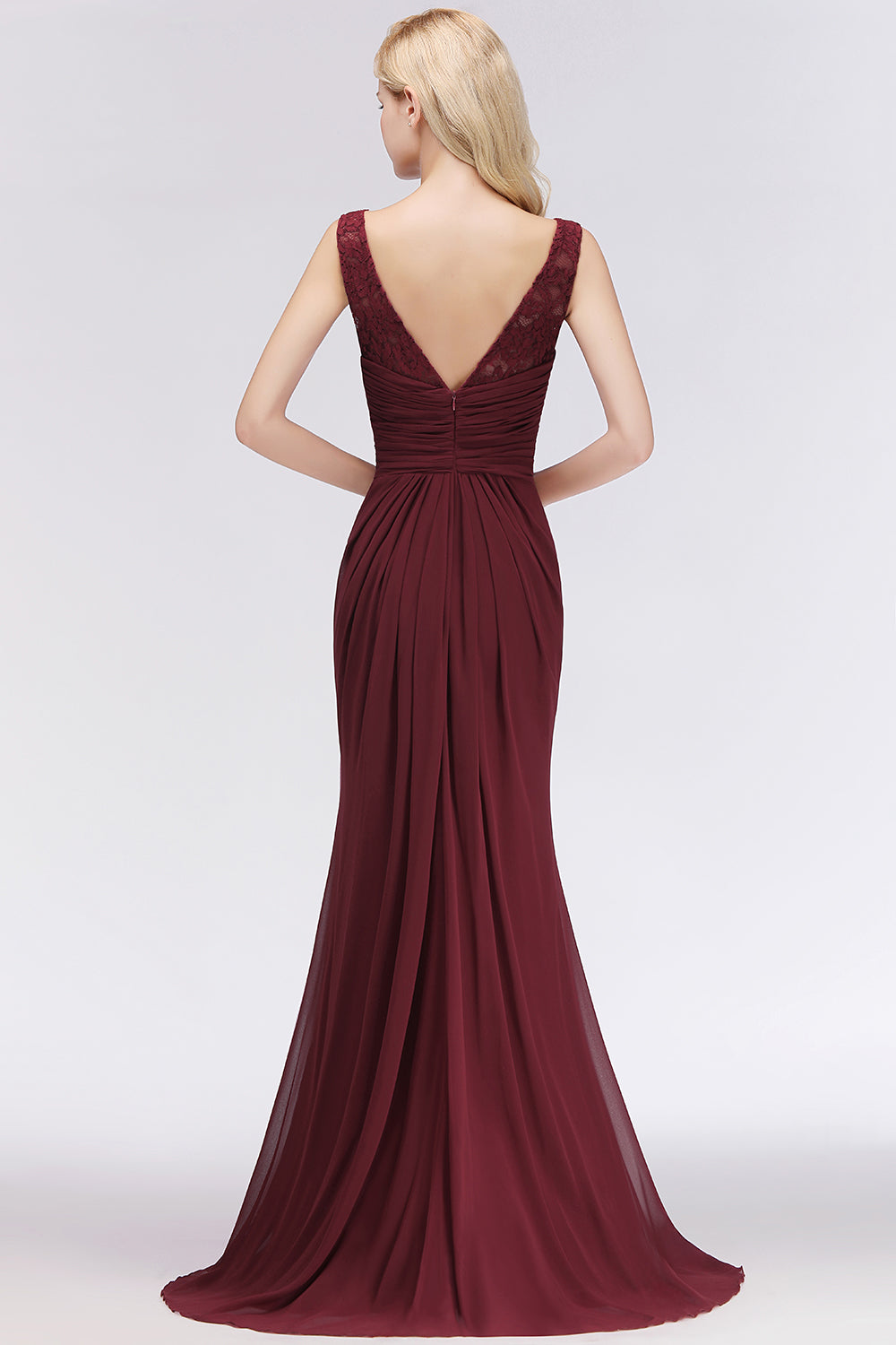 Mermaid Scoop Sleeveless Lace Burgundy Bridesmaid dresses with Pleats - Fashionpara