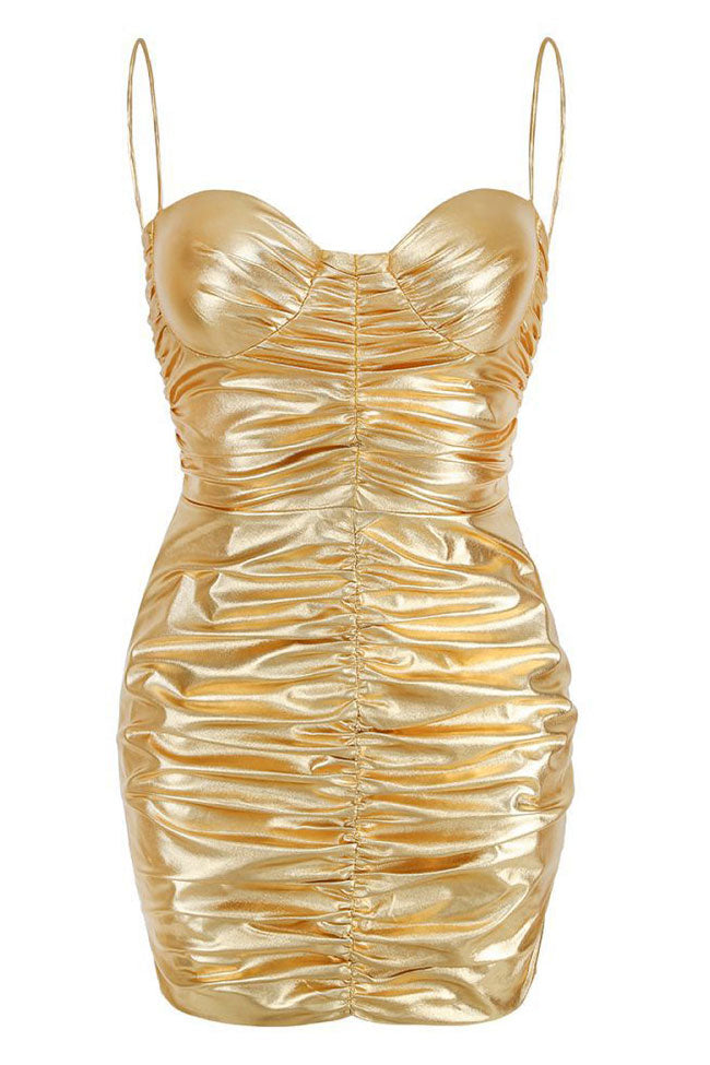 Metallic Sweetheart Ruched Bodycon Sleeveless Party Mini Dress - Gold - Fashionpara