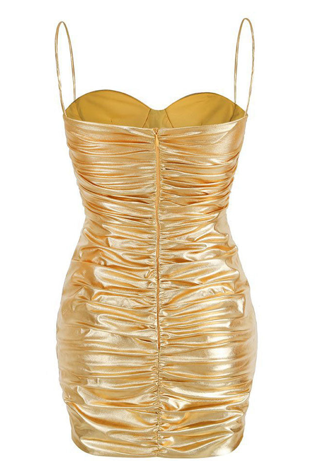 Metallic Sweetheart Ruched Bodycon Sleeveless Party Mini Dress - Gold