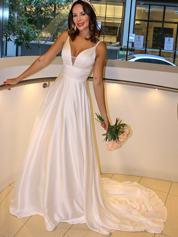 A-Line/Princess Elastic Woven Satin Spaghetti Straps Ruffles Sleeveless Sweep/Brush Train Wedding Dresses