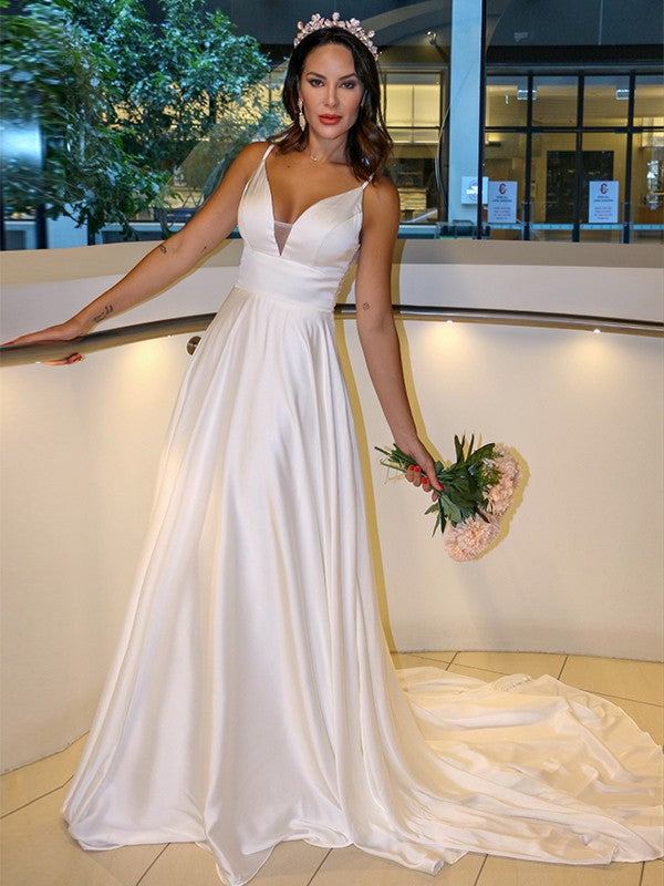 A-Line/Princess Elastic Woven Satin Spaghetti Straps Ruffles Sleeveless Sweep/Brush Train Wedding Dresses