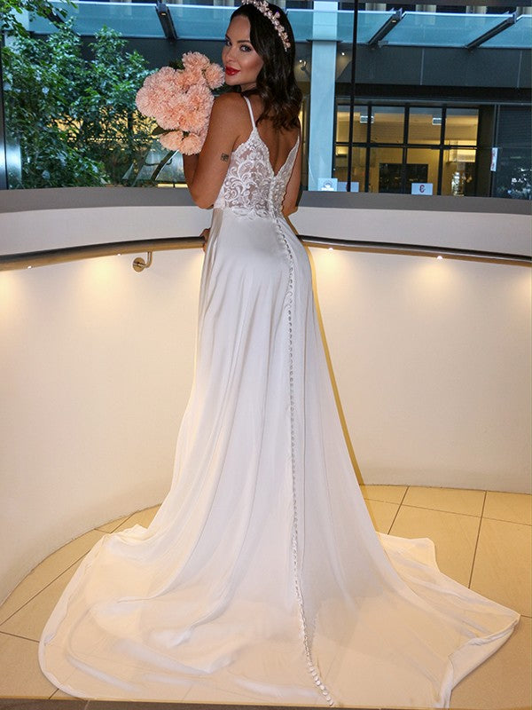 A-Line/Princess Elastic Woven Satin Spaghetti Straps Ruffles Sleeveless Sweep/Brush Train Wedding Dresses