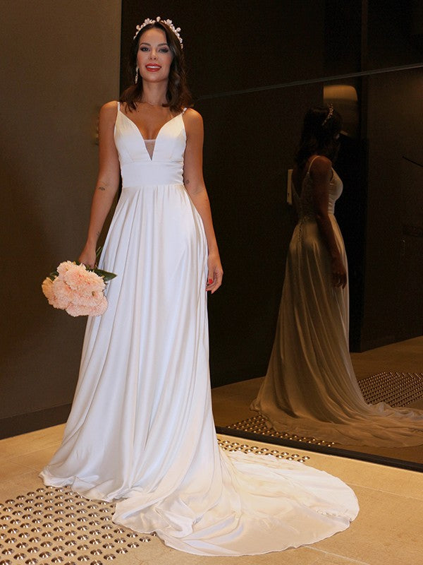 A-Line/Princess Elastic Woven Satin Spaghetti Straps Ruffles Sleeveless Sweep/Brush Train Wedding Dresses