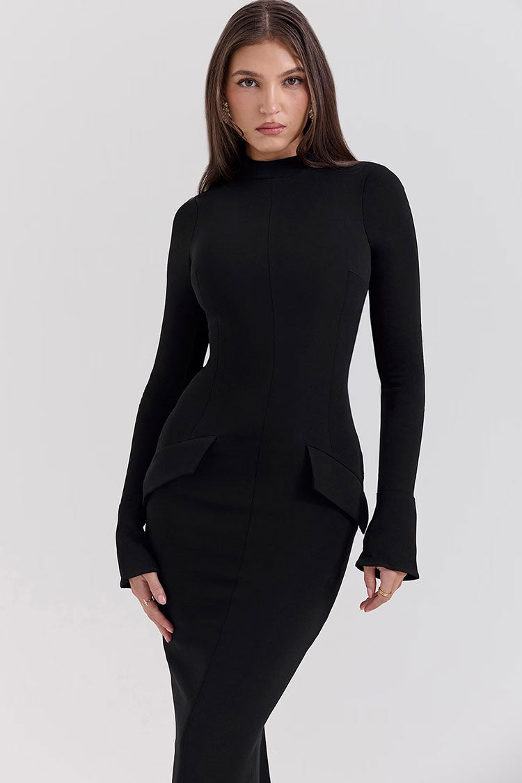 Minimalist High Neck Flap Trim Long Sleeve Split Bodycon Evening Maxi Dress