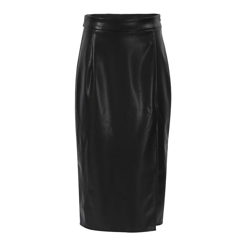 Minimalist Style High Waist Split Trim Vegan Leather Midi Skirt - Black