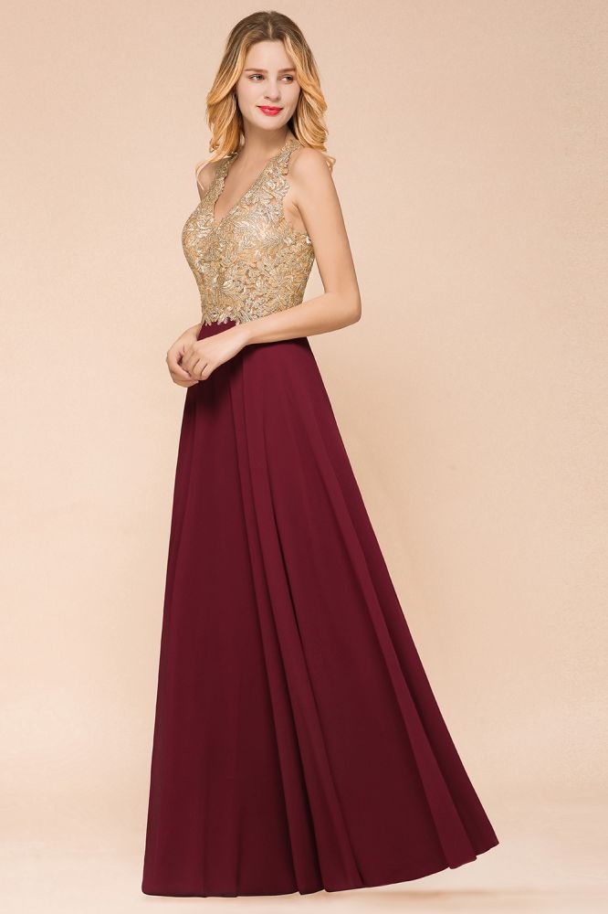 Elegant Gold Appliques Evening Formal Dress Chiffon Lace Prom Long Ball Gown