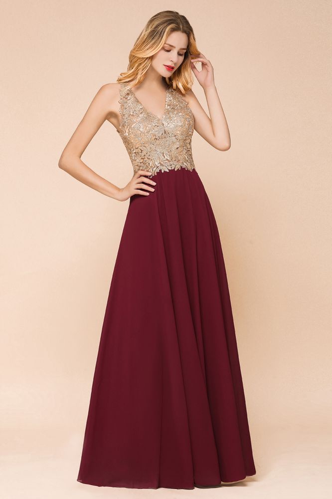 Elegant Gold Appliques Evening Formal Dress Chiffon Lace Prom Long Ball Gown