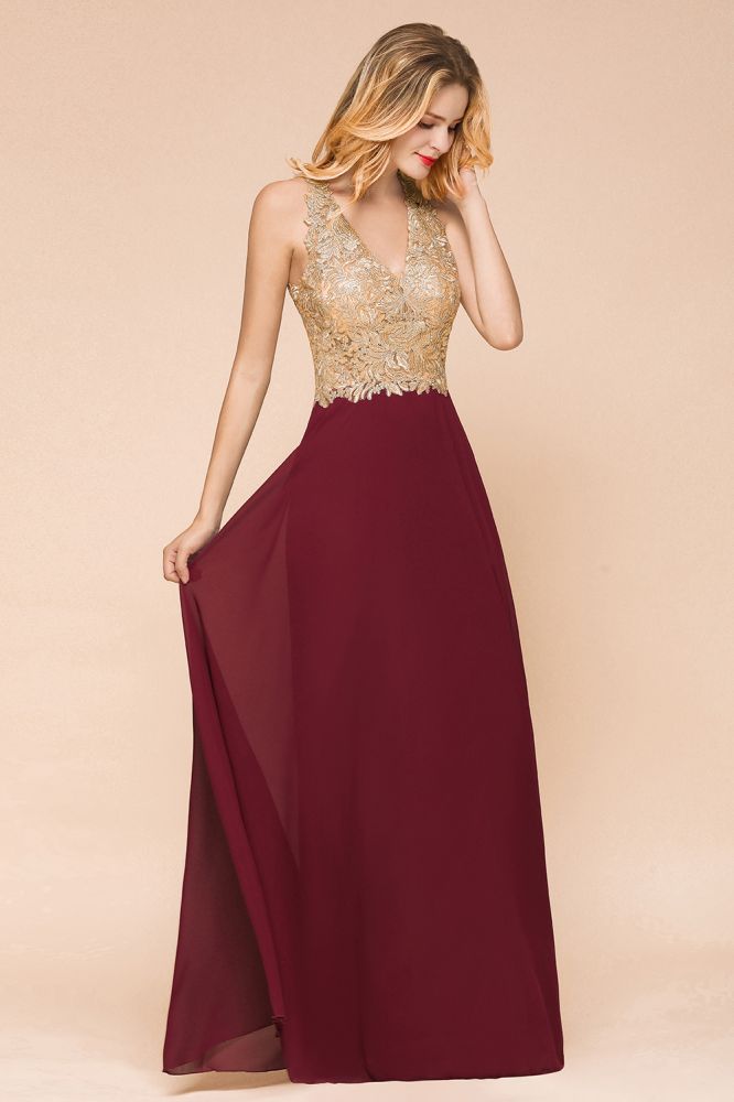 Elegant Gold Appliques Evening Formal Dress Chiffon Lace Prom Long Ball Gown