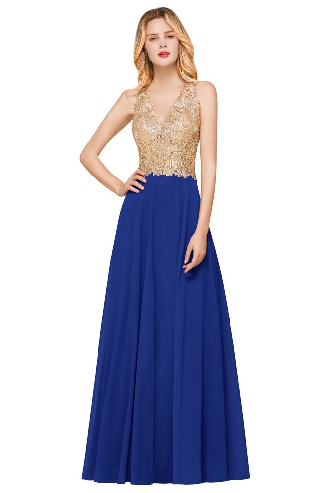 Elegant Gold Appliques Evening Formal Dress Chiffon Lace Prom Long Ball Gown