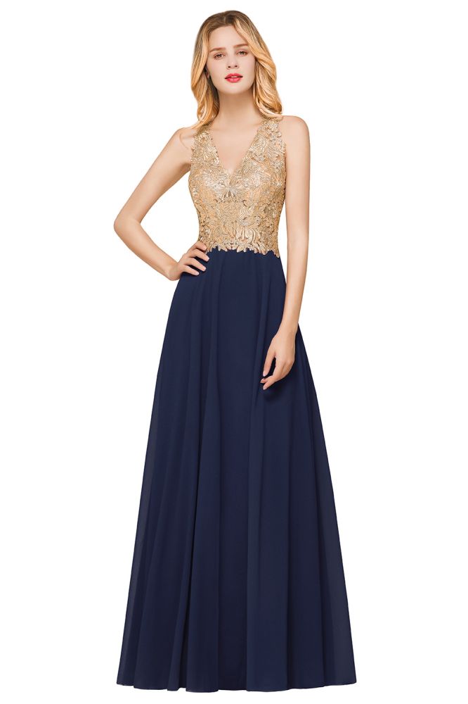 Elegant Gold Appliques Evening Formal Dress Chiffon Lace Prom Long Ball Gown