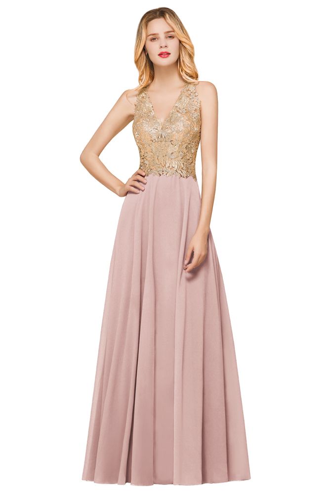 Elegant Gold Appliques Evening Formal Dress Chiffon Lace Prom Long Ball Gown