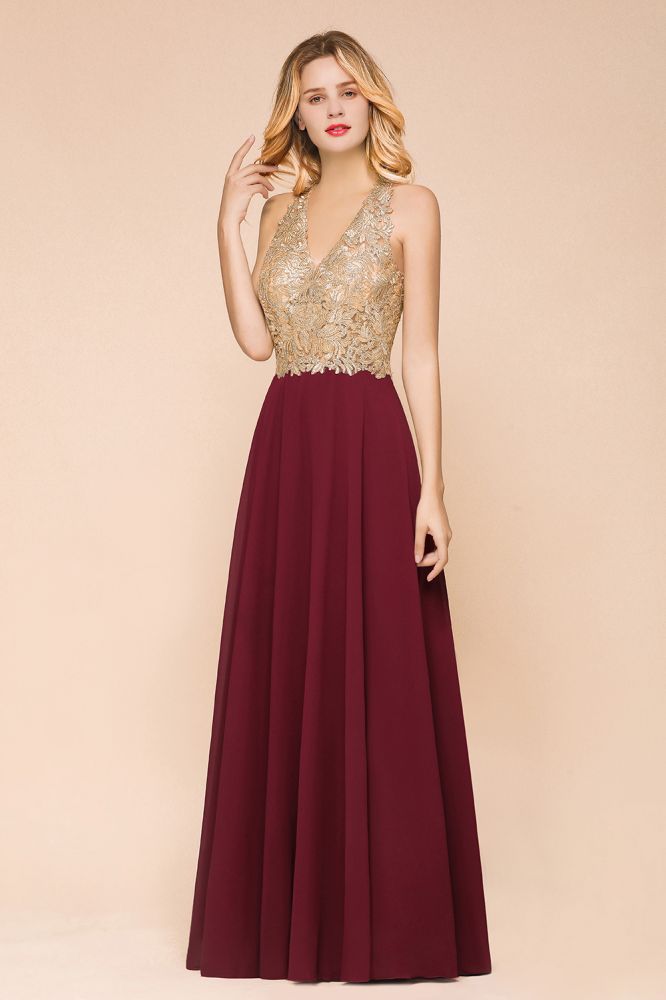 Elegant Gold Appliques Evening Formal Dress Chiffon Lace Prom Long Ball Gown