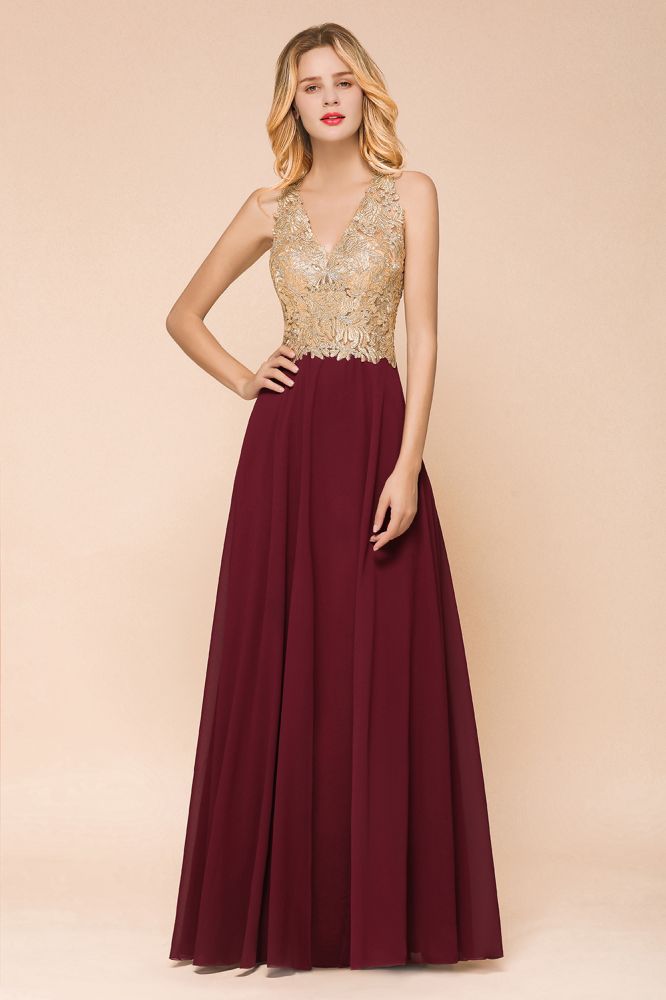 Elegant Gold Appliques Evening Formal Dress Chiffon Lace Prom Long Ball Gown