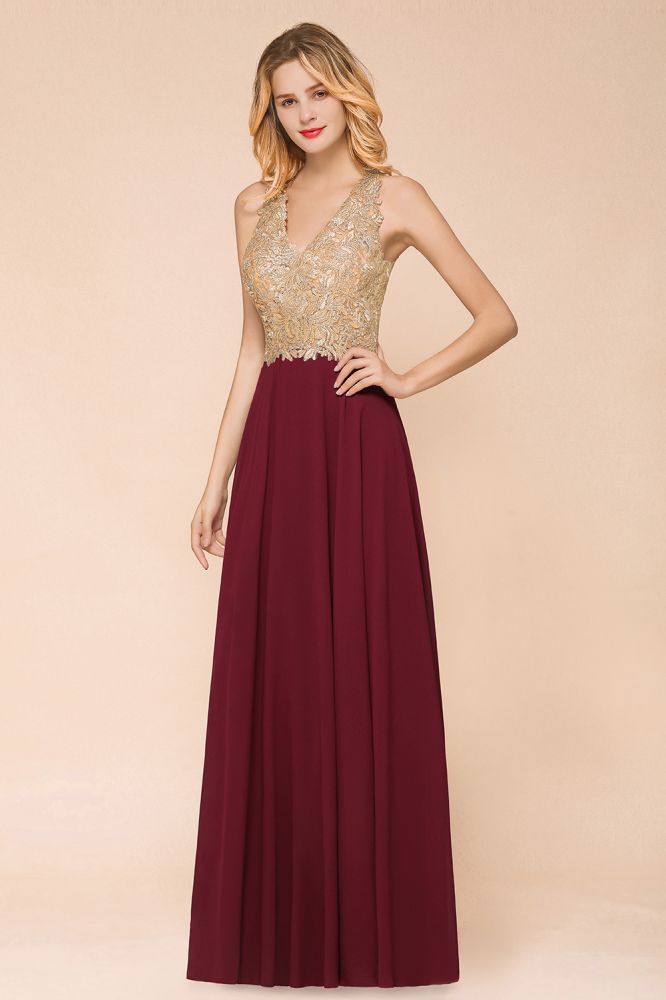 Elegant Gold Appliques Evening Formal Dress Chiffon Lace Prom Long Ball Gown