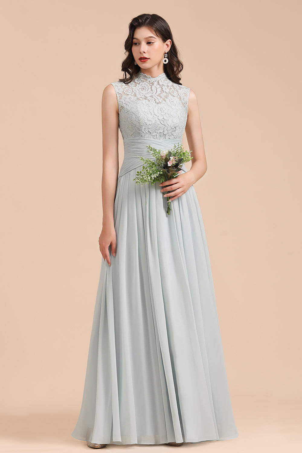 Mist High-Neck Lace Bridesmaid Dresses Long