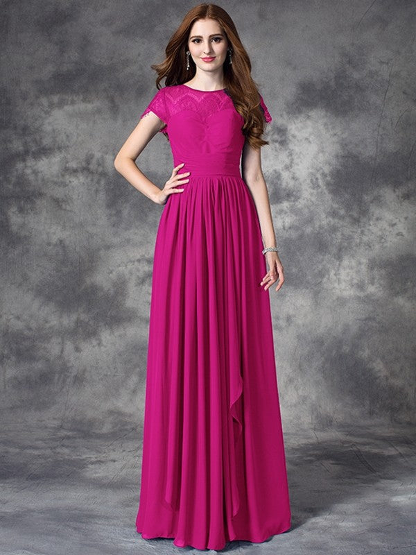 Modern Bateau Lace Sleeveless Long Chiffon Bridesmaid Dresses