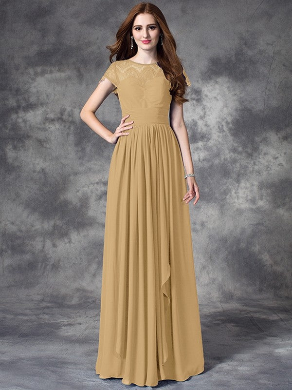 Modern Bateau Lace Sleeveless Long Chiffon Bridesmaid Dresses