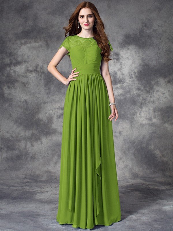 Modern Bateau Lace Sleeveless Long Chiffon Bridesmaid Dresses