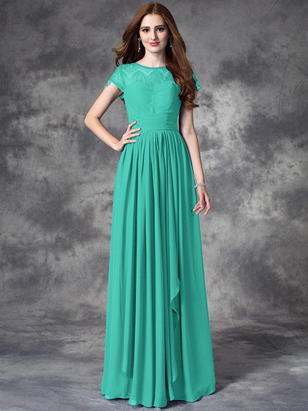 Modern Bateau Lace Sleeveless Long Chiffon Bridesmaid Dresses