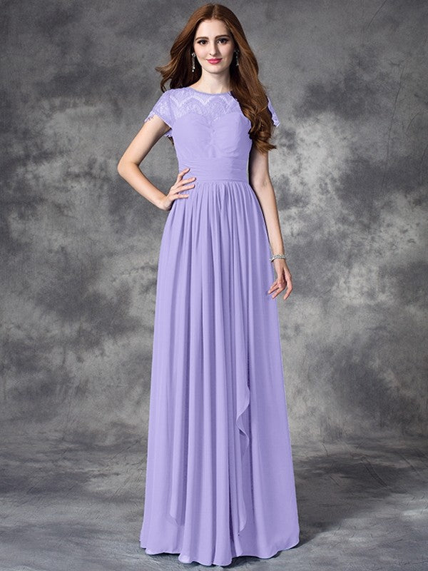 Modern Bateau Lace Sleeveless Long Chiffon Bridesmaid Dresses