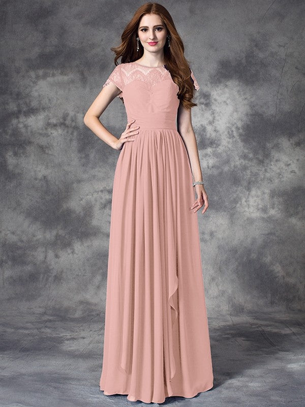 Modern Bateau Lace Sleeveless Long Chiffon Bridesmaid Dresses