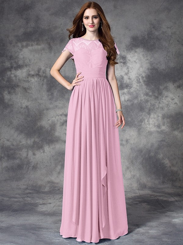 Modern Bateau Lace Sleeveless Long Chiffon Bridesmaid Dresses