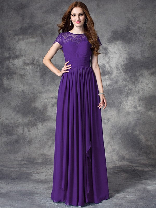 Modern Bateau Lace Sleeveless Long Chiffon Bridesmaid Dresses