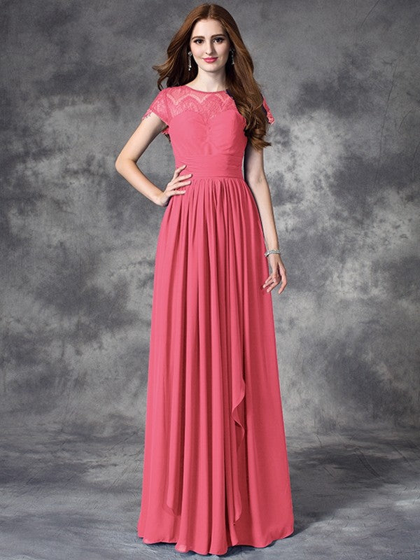 Modern Bateau Lace Sleeveless Long Chiffon Bridesmaid Dresses