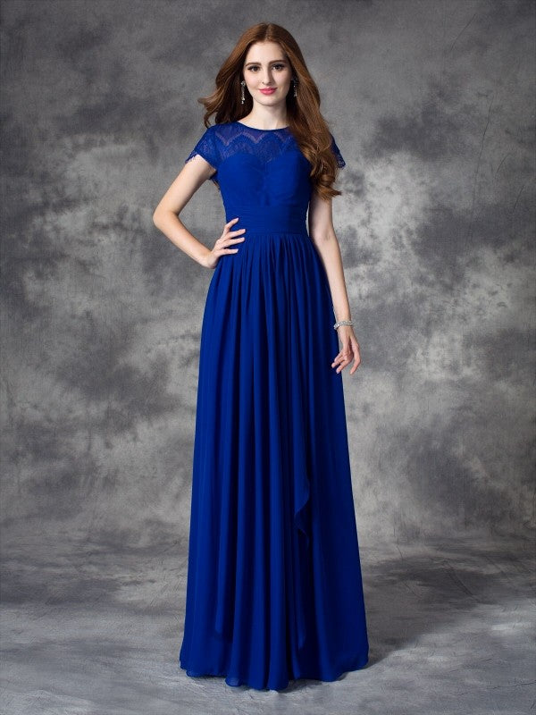 Modern Bateau Lace Sleeveless Long Chiffon Bridesmaid Dresses