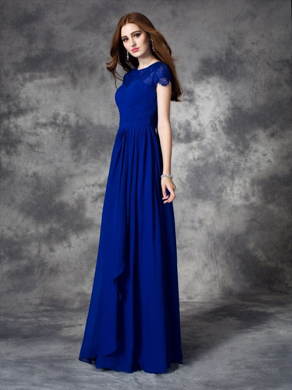 Modern Bateau Lace Sleeveless Long Chiffon Bridesmaid Dresses