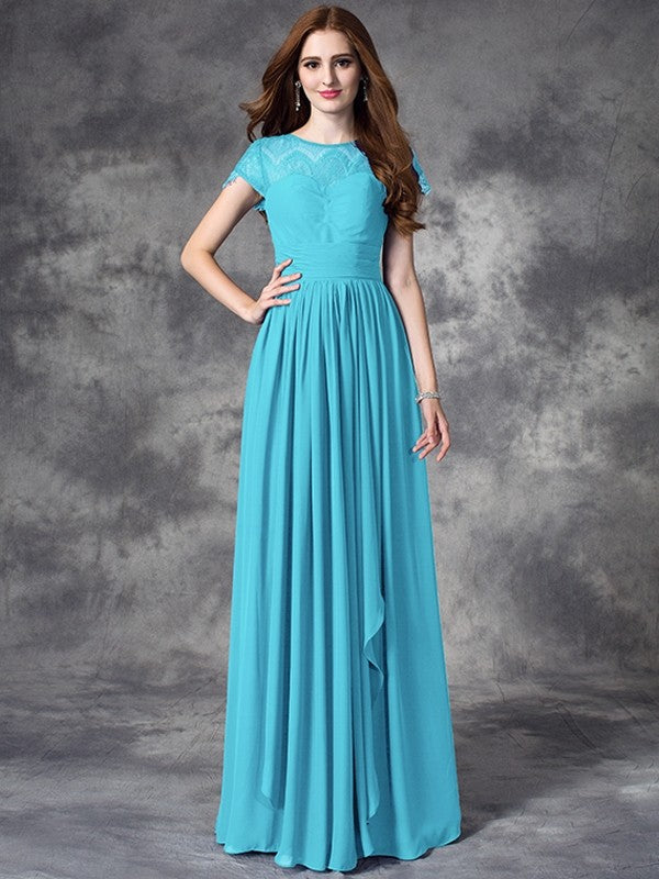 Modern Bateau Lace Sleeveless Long Chiffon Bridesmaid Dresses