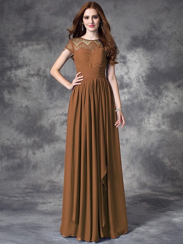 Modern Bateau Lace Sleeveless Long Chiffon Bridesmaid Dresses