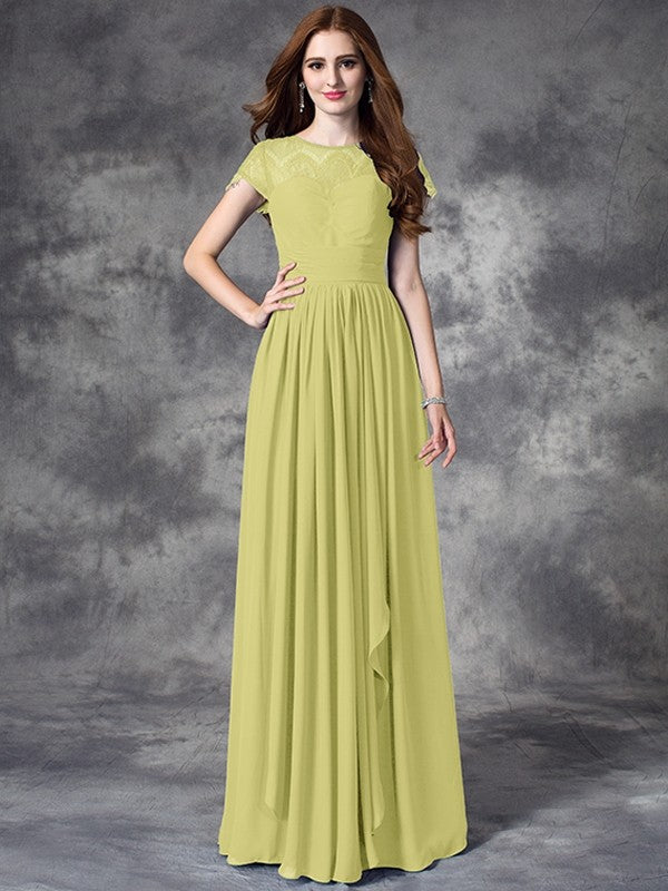 Modern Bateau Lace Sleeveless Long Chiffon Bridesmaid Dresses