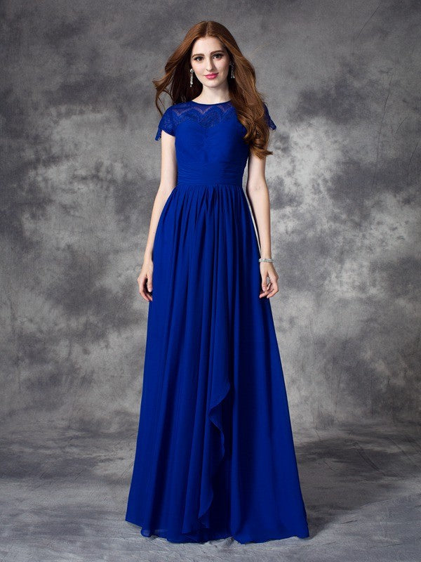 Modern Bateau Lace Sleeveless Long Chiffon Bridesmaid Dresses