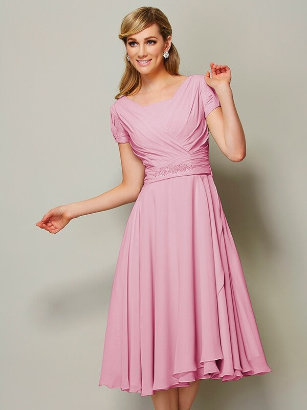 Modern Bateau Short Sleeves Ruffles Short Chiffon Bridesmaid Dresses