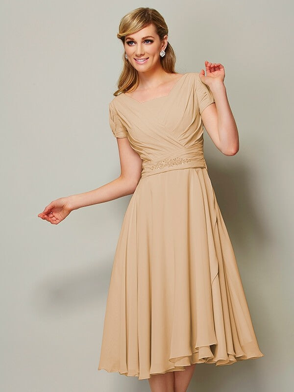 Modern Bateau Short Sleeves Ruffles Short Chiffon Bridesmaid Dresses