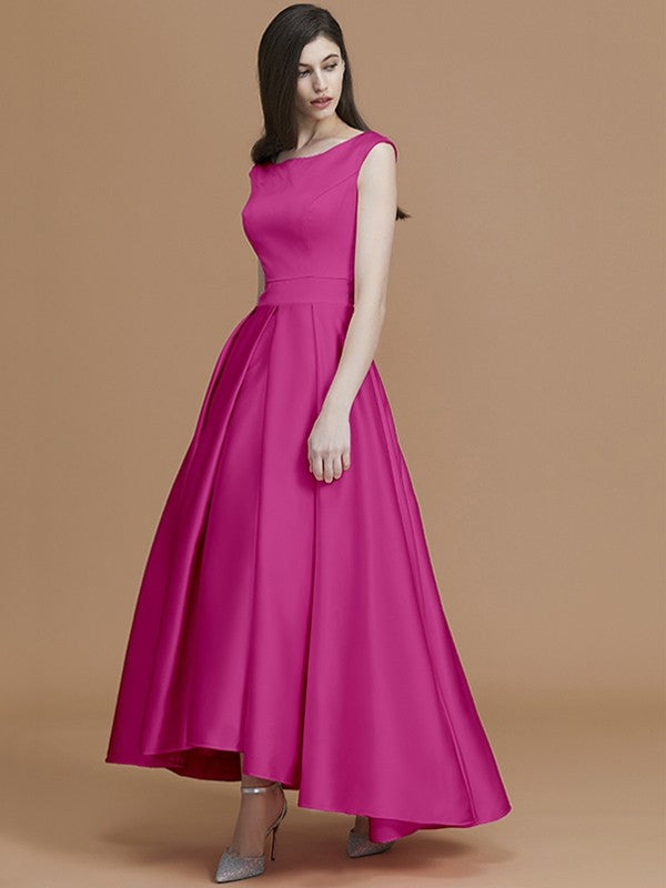 Modern Bateau Sleeveless Asymmetrical Ruffles Satin Bridesmaid Dresses