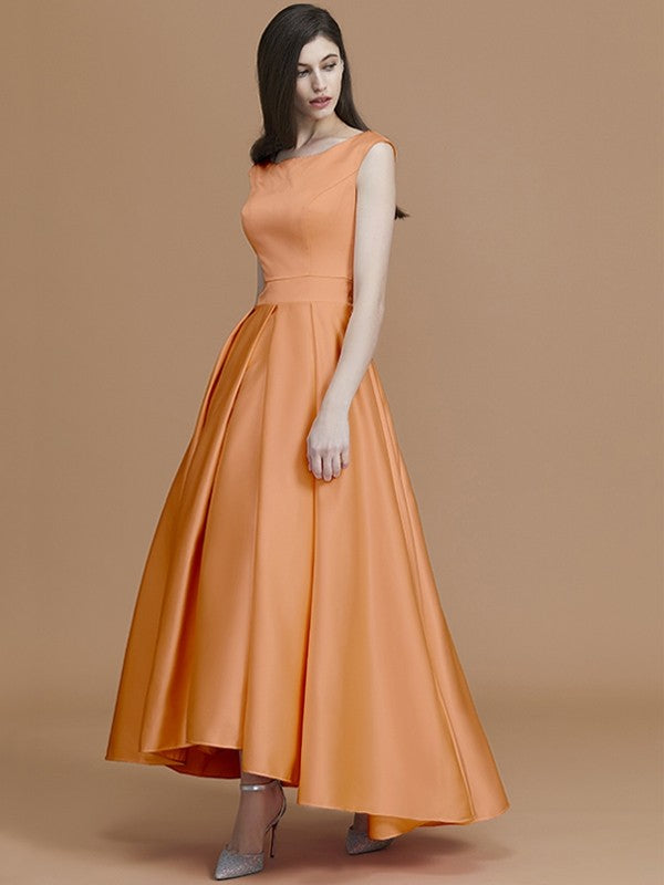 Modern Bateau Sleeveless Asymmetrical Ruffles Satin Bridesmaid Dresses