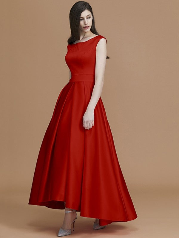 Modern Bateau Sleeveless Asymmetrical Ruffles Satin Bridesmaid Dresses