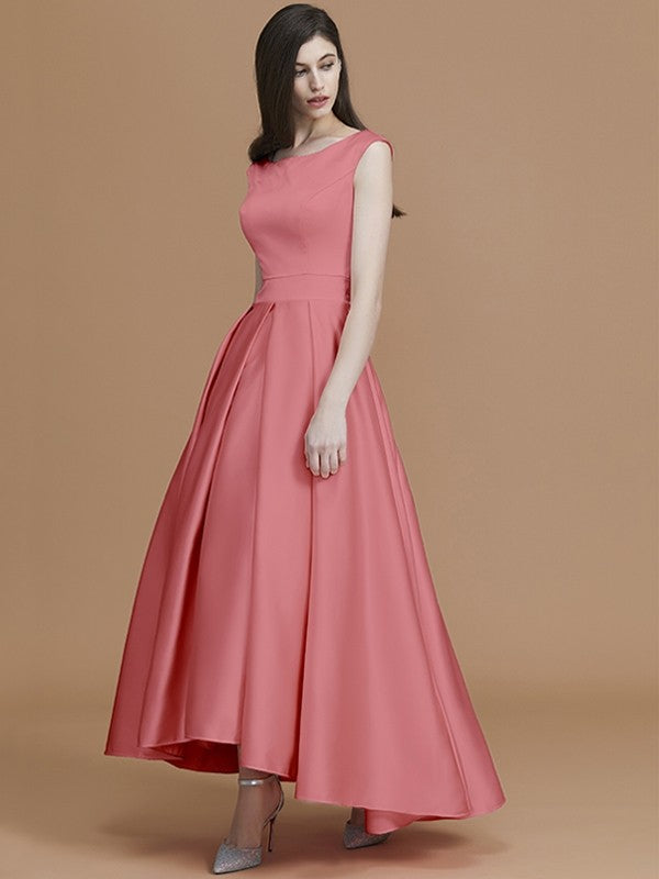 Modern Bateau Sleeveless Asymmetrical Ruffles Satin Bridesmaid Dresses