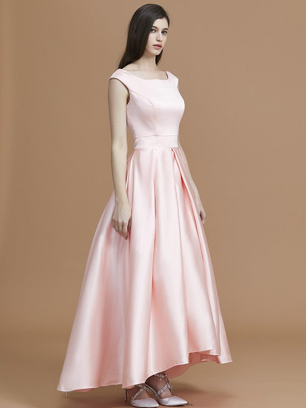 Modern Bateau Sleeveless Asymmetrical Ruffles Satin Bridesmaid Dresses